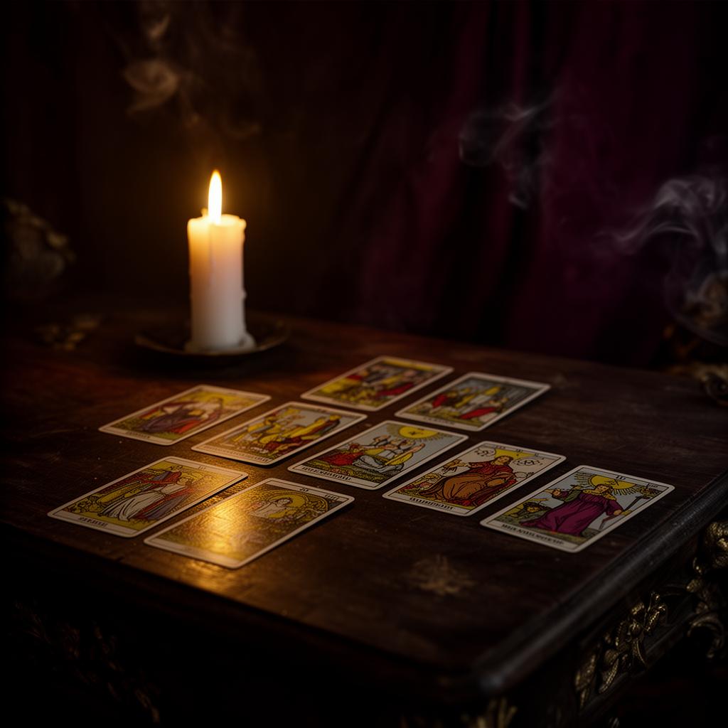 Mesa de tarô iluminada por uma vela acesa, atmosfera mística